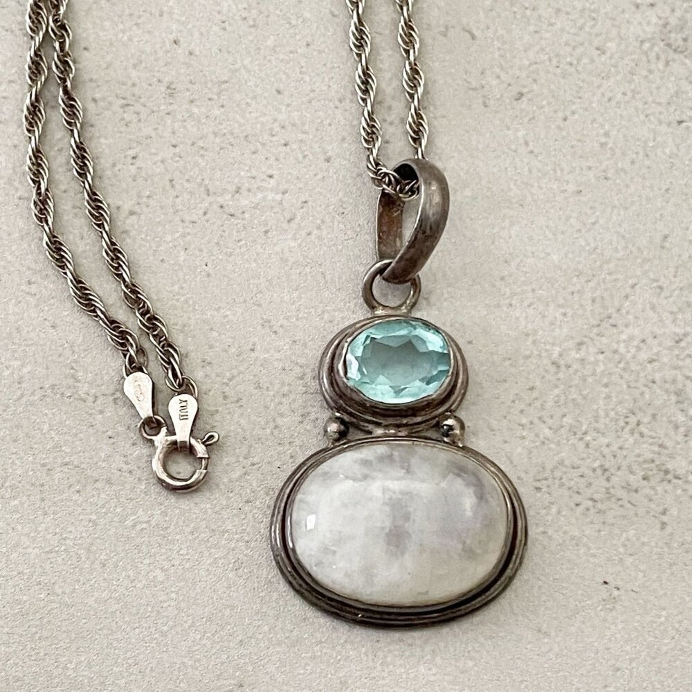 Vintage Oval Faceted Blue Topaz Moonstone Cabochon 925 Sterling Pendant Necklace
